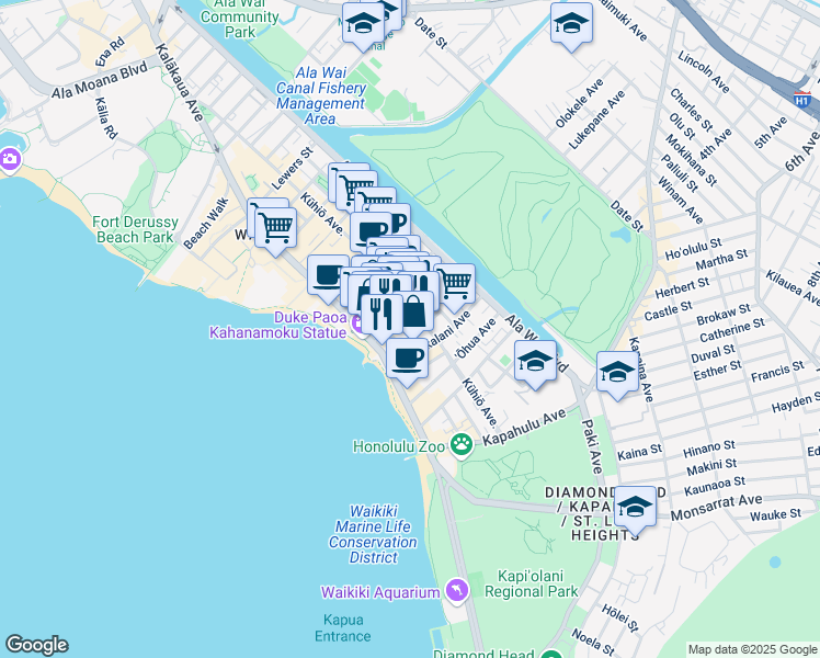 map of restaurants, bars, coffee shops, grocery stores, and more near in Honolulu