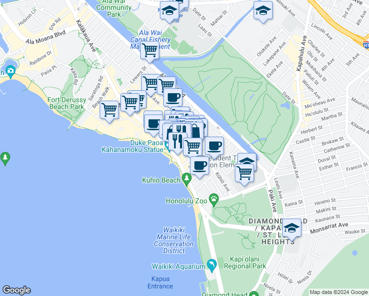 map of restaurants, bars, coffee shops, grocery stores, and more near in Honolulu