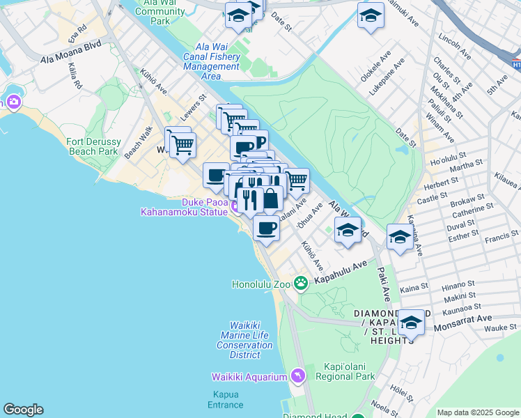 map of restaurants, bars, coffee shops, grocery stores, and more near 135 Uluniu Avenue in Honolulu