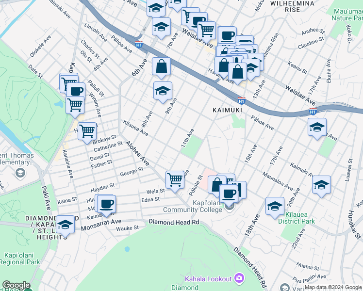map of restaurants, bars, coffee shops, grocery stores, and more near 720 11th Avenue in Honolulu