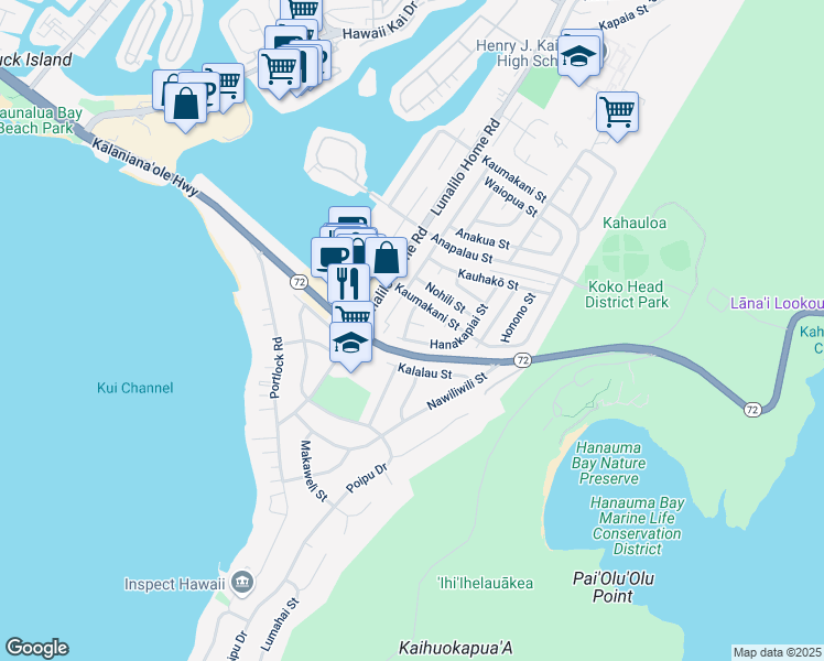 map of restaurants, bars, coffee shops, grocery stores, and more near 223 Nomilo Place in Honolulu