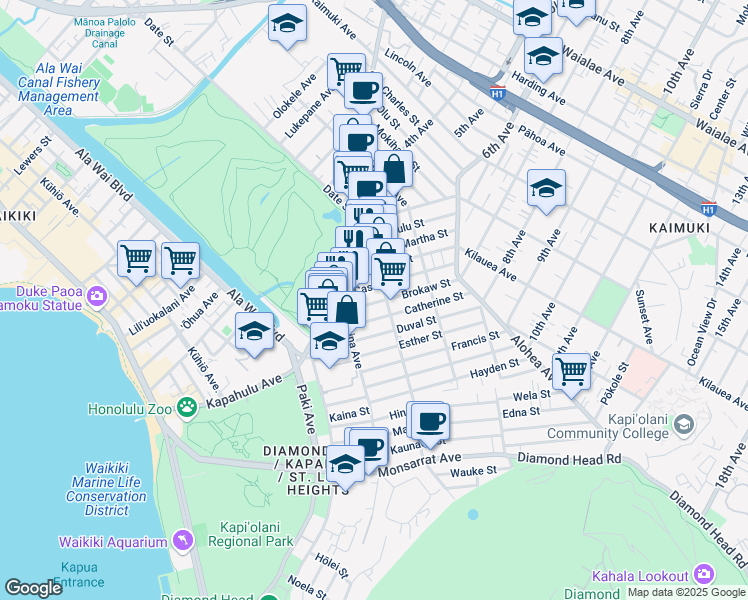 map of restaurants, bars, coffee shops, grocery stores, and more near 3144 Brokaw Street in Honolulu