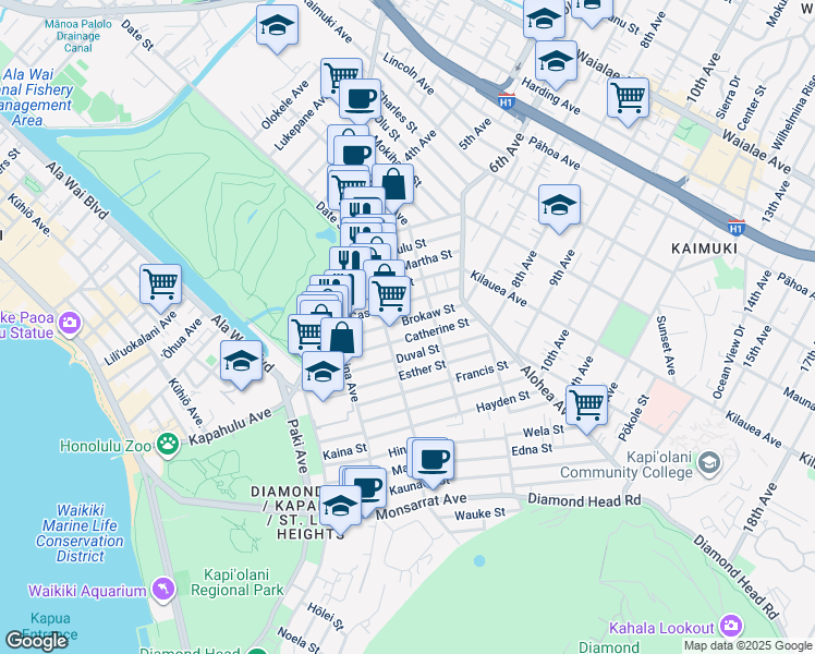 map of restaurants, bars, coffee shops, grocery stores, and more near 3227 Brokaw Street in Honolulu