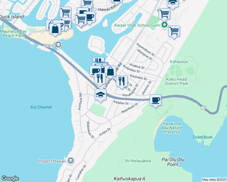 map of restaurants, bars, coffee shops, grocery stores, and more near 223 Nomilo Place in Honolulu