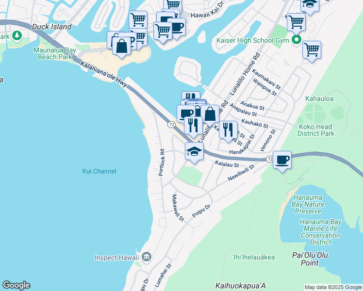 map of restaurants, bars, coffee shops, grocery stores, and more near 640 Poipu Drive in Honolulu