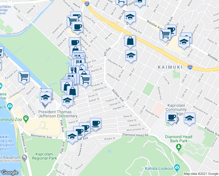 map of restaurants, bars, coffee shops, grocery stores, and more near 3389 Alohea Avenue in Honolulu