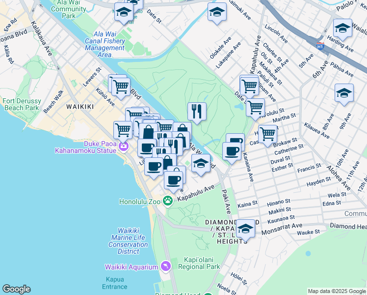map of restaurants, bars, coffee shops, grocery stores, and more near 2547 Ala Wai Boulevard in Honolulu