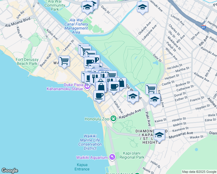 map of restaurants, bars, coffee shops, grocery stores, and more near 208 Kapuni Street in Honolulu