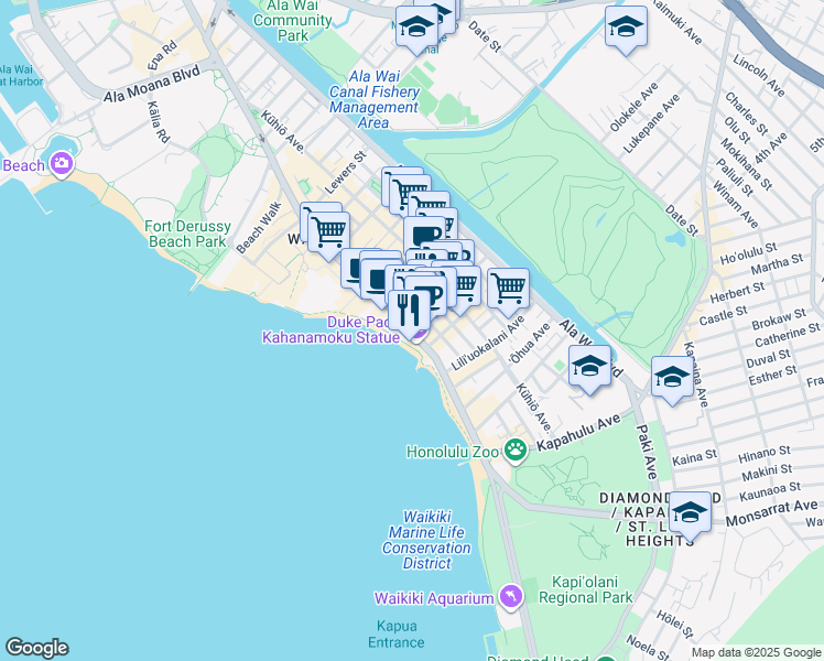 map of restaurants, bars, coffee shops, grocery stores, and more near 2424 Kalakaua Avenue in Honolulu