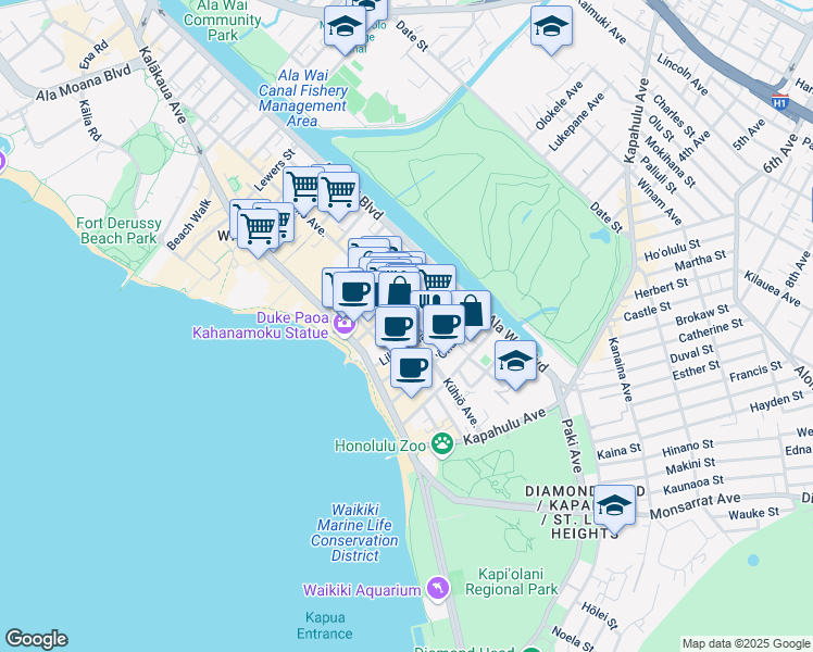 map of restaurants, bars, coffee shops, grocery stores, and more near Kuhio Ave & Kapuni St in Honolulu