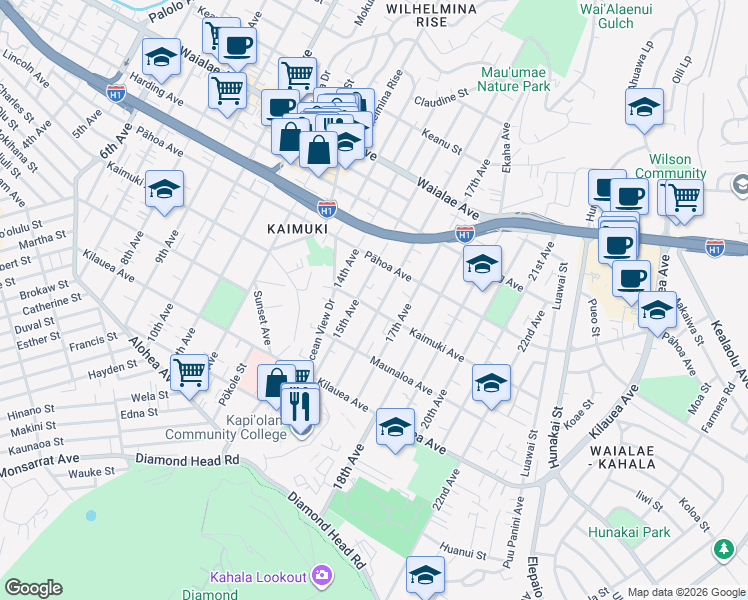 map of restaurants, bars, coffee shops, grocery stores, and more near 908A 16th Avenue in Honolulu