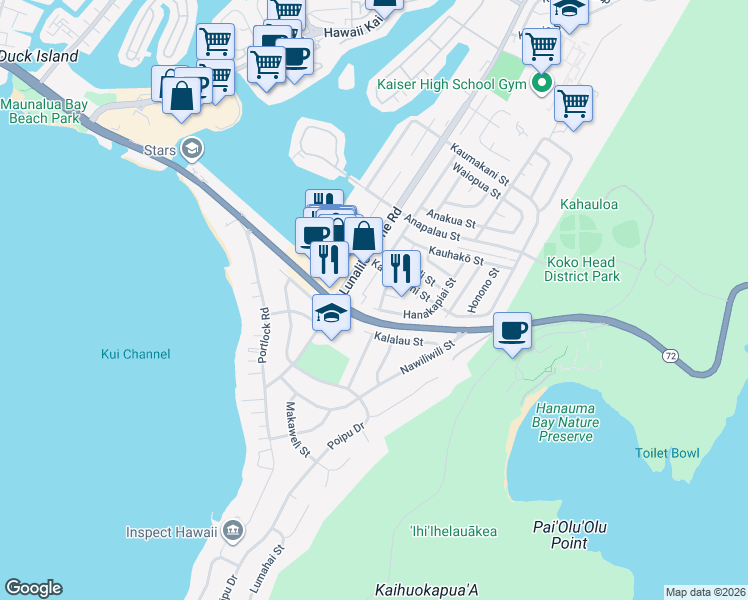 map of restaurants, bars, coffee shops, grocery stores, and more near 223 Nomilo Place in Honolulu