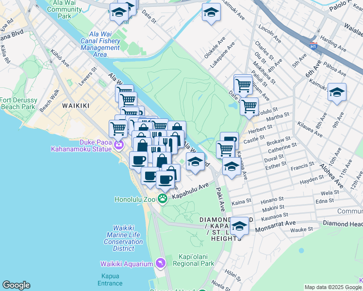 map of restaurants, bars, coffee shops, grocery stores, and more near 2547 Ala Wai Boulevard in Honolulu