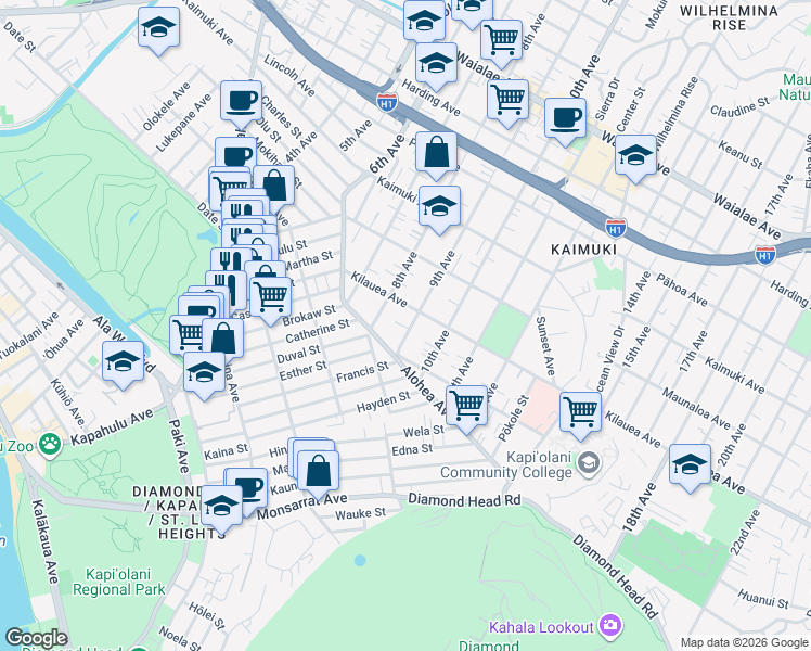 map of restaurants, bars, coffee shops, grocery stores, and more near in Honolulu