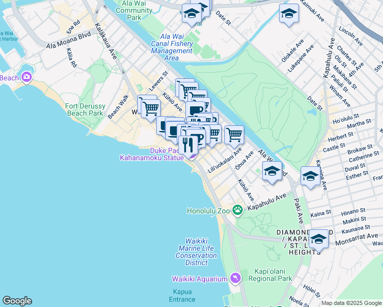map of restaurants, bars, coffee shops, grocery stores, and more near 2424 Kalakaua Avenue in Honolulu