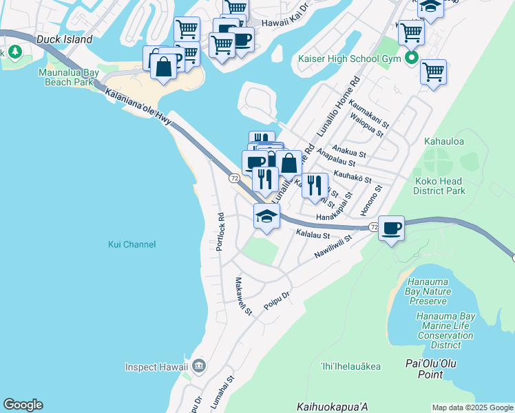 map of restaurants, bars, coffee shops, grocery stores, and more near 640 Poipu Drive in Honolulu