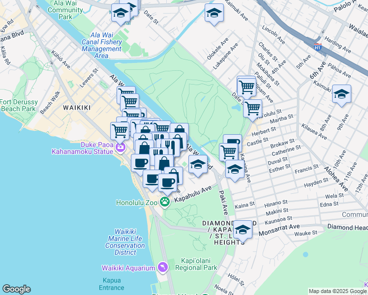 map of restaurants, bars, coffee shops, grocery stores, and more near 2547 Ala Wai Boulevard in Honolulu