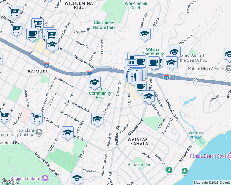 map of restaurants, bars, coffee shops, grocery stores, and more near 4136 Harding Avenue in Honolulu