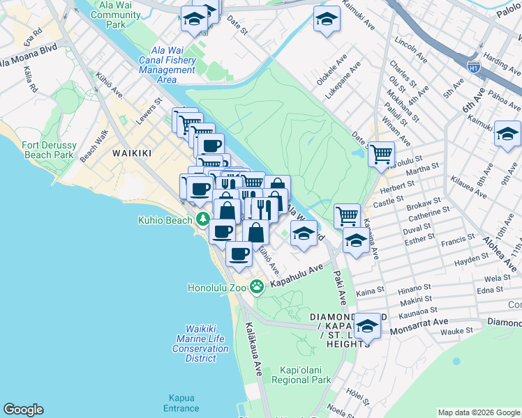 map of restaurants, bars, coffee shops, grocery stores, and more near 243 Liliʻuokalani Avenue in Honolulu