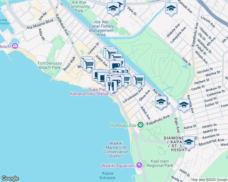 map of restaurants, bars, coffee shops, grocery stores, and more near 2425 Kalakaua Avenue in Honolulu