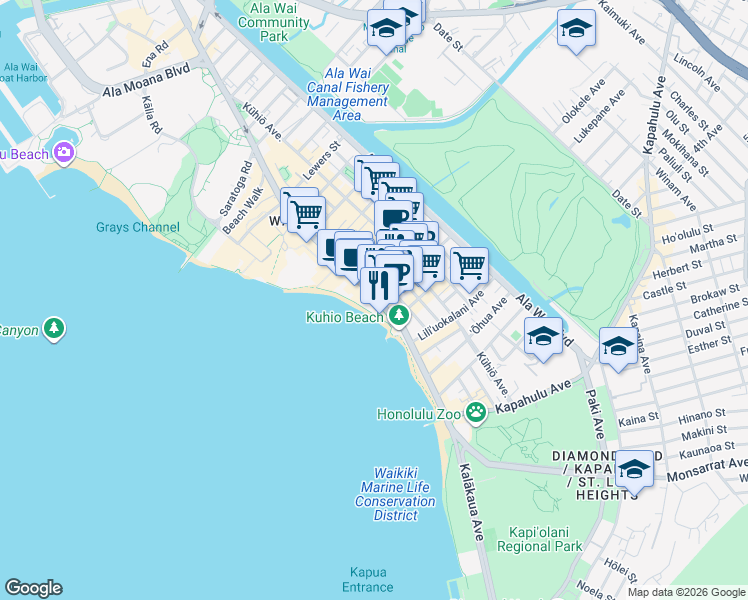 map of restaurants, bars, coffee shops, grocery stores, and more near 2425 Kalakaua Avenue in Honolulu