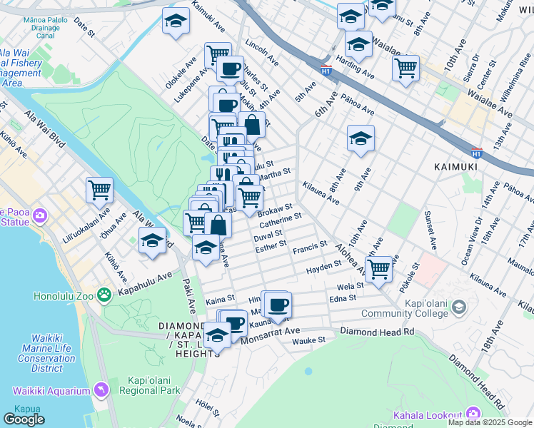 map of restaurants, bars, coffee shops, grocery stores, and more near 3227 Brokaw Street in Honolulu