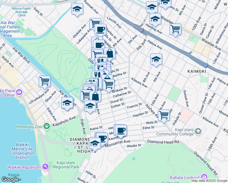 map of restaurants, bars, coffee shops, grocery stores, and more near 3227 Brokaw Street in Honolulu