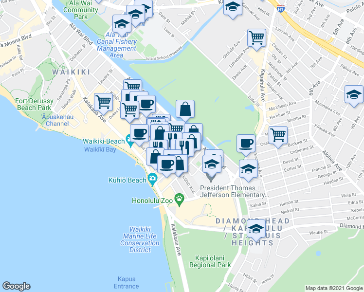 map of restaurants, bars, coffee shops, grocery stores, and more near in Honolulu