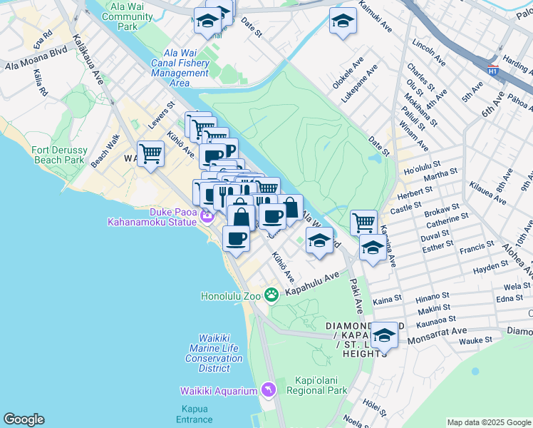map of restaurants, bars, coffee shops, grocery stores, and more near 208 Kapuni Street in Honolulu