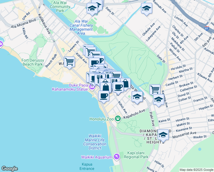 map of restaurants, bars, coffee shops, grocery stores, and more near 208 Kapuni Street in Honolulu