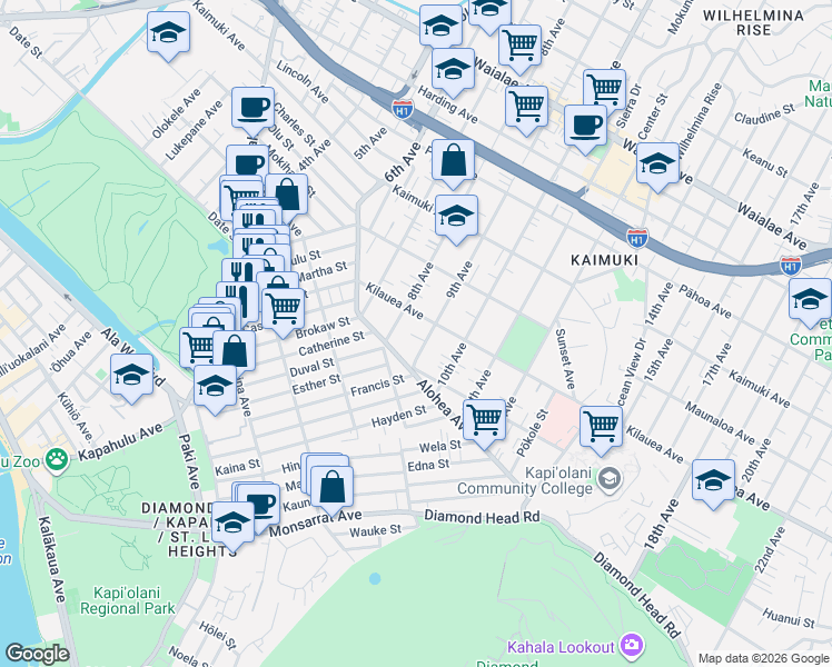 map of restaurants, bars, coffee shops, grocery stores, and more near in Honolulu