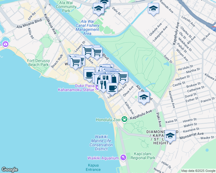 map of restaurants, bars, coffee shops, grocery stores, and more near Uluniu Ave & Prince Edward St in Honolulu