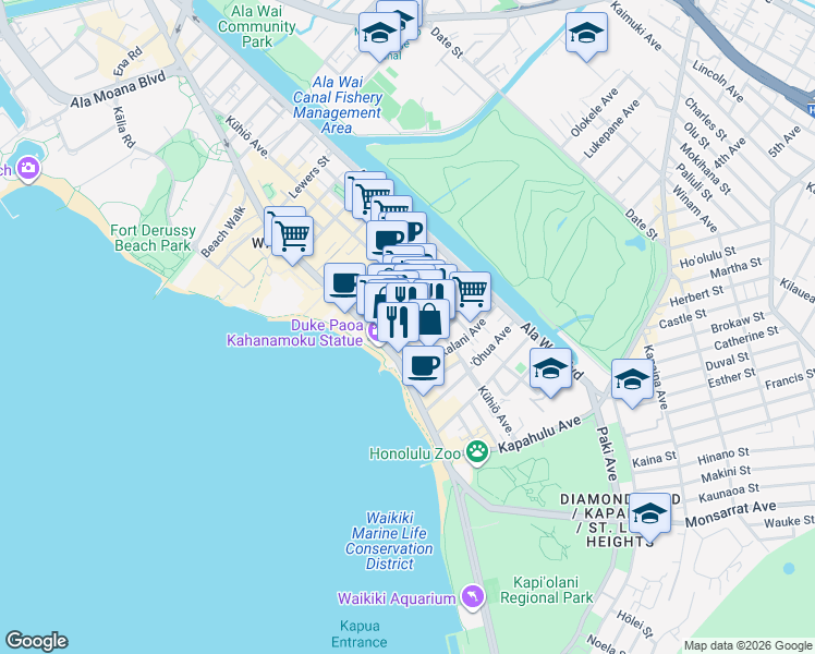map of restaurants, bars, coffee shops, grocery stores, and more near 138 Uluniu Avenue in Honolulu
