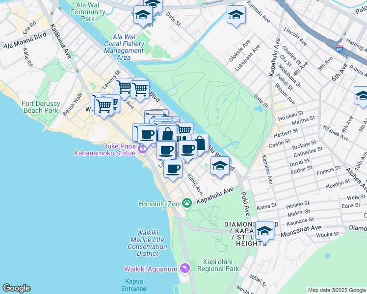 map of restaurants, bars, coffee shops, grocery stores, and more near 236 Liliʻuokalani Avenue in Honolulu