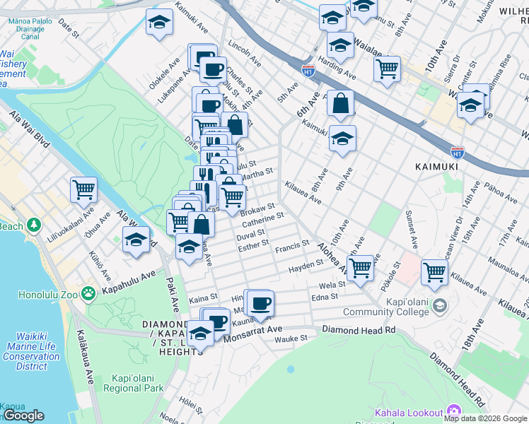 map of restaurants, bars, coffee shops, grocery stores, and more near 3374 Winam Avenue in Honolulu
