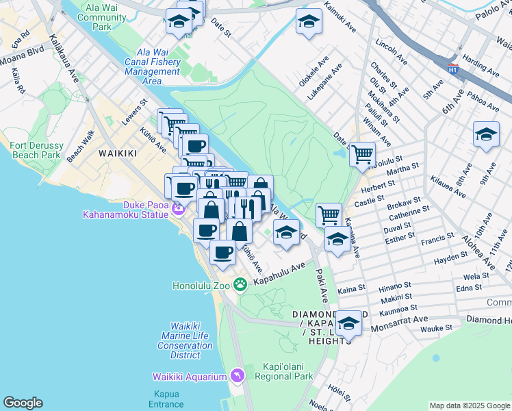 map of restaurants, bars, coffee shops, grocery stores, and more near in Honolulu