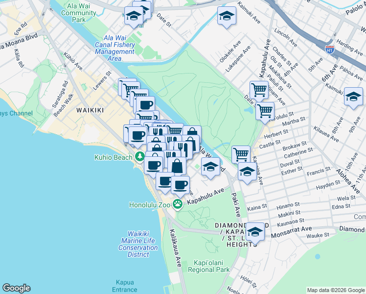 map of restaurants, bars, coffee shops, grocery stores, and more near in Honolulu