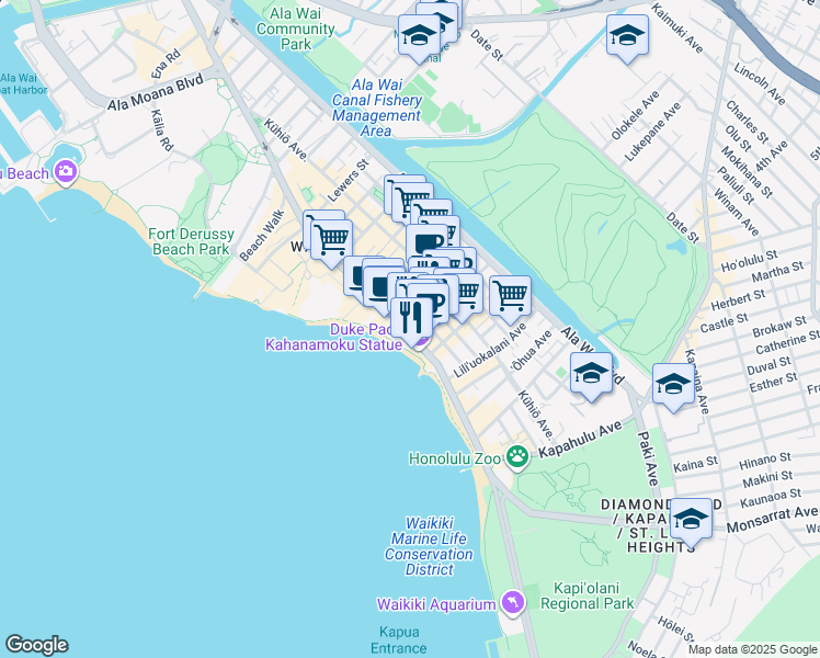 map of restaurants, bars, coffee shops, grocery stores, and more near 2424 Kalakaua Avenue in Honolulu