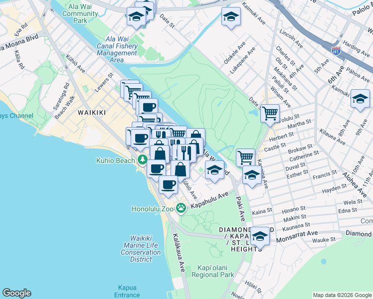 map of restaurants, bars, coffee shops, grocery stores, and more near in Honolulu