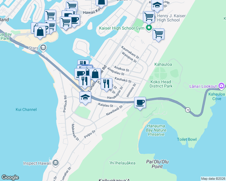 map of restaurants, bars, coffee shops, grocery stores, and more near 273 Kaumakani Street in Honolulu