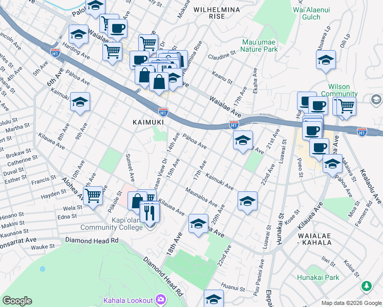 map of restaurants, bars, coffee shops, grocery stores, and more near 908A 16th Avenue in Honolulu