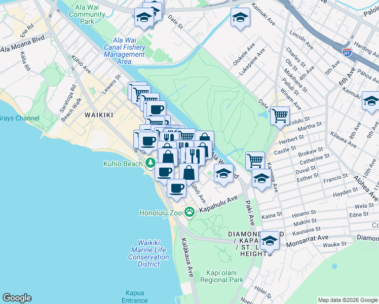 map of restaurants, bars, coffee shops, grocery stores, and more near in Honolulu