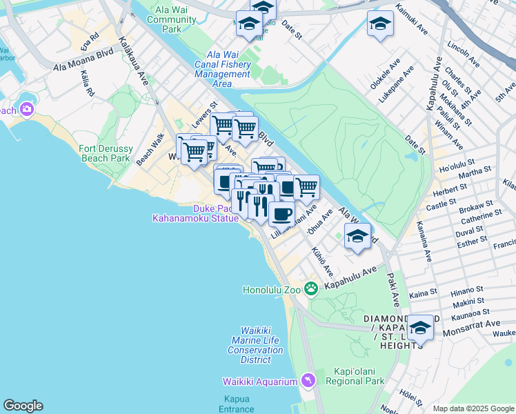 map of restaurants, bars, coffee shops, grocery stores, and more near 2424 Kalakaua Avenue in Honolulu