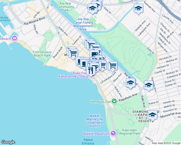 map of restaurants, bars, coffee shops, grocery stores, and more near 2424 Kalakaua Avenue in Honolulu