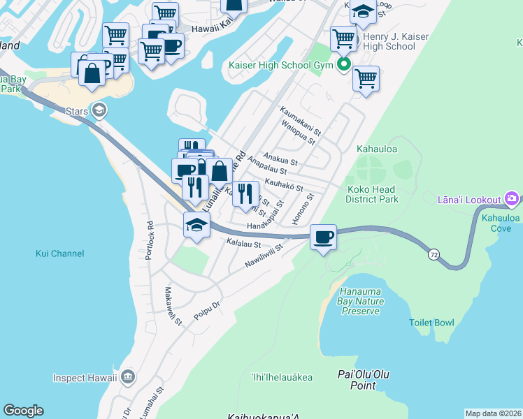 map of restaurants, bars, coffee shops, grocery stores, and more near 273 Kaumakani Street in Honolulu