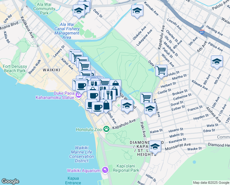 map of restaurants, bars, coffee shops, grocery stores, and more near 320 Ohua Avenue in Honolulu