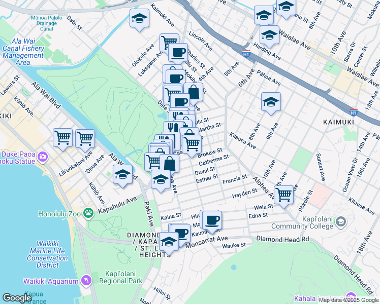 map of restaurants, bars, coffee shops, grocery stores, and more near 3144 Brokaw Street in Honolulu