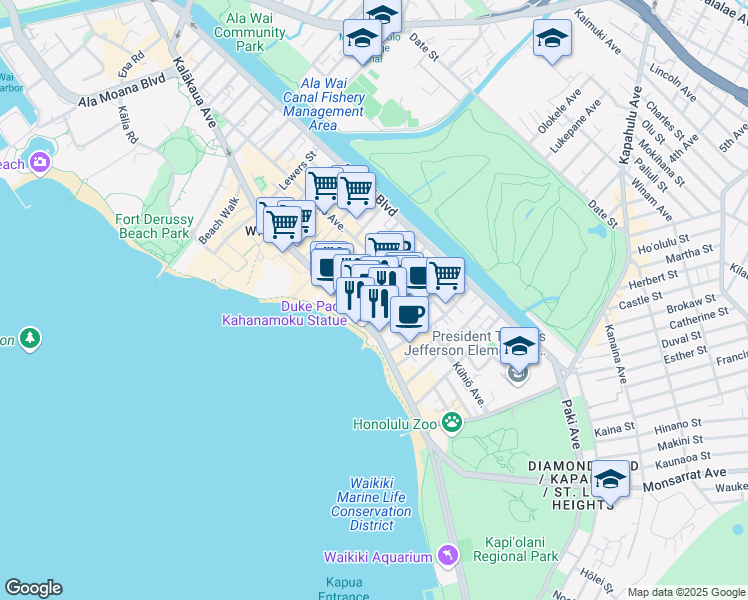 map of restaurants, bars, coffee shops, grocery stores, and more near 2410 Koa Avenue in Honolulu