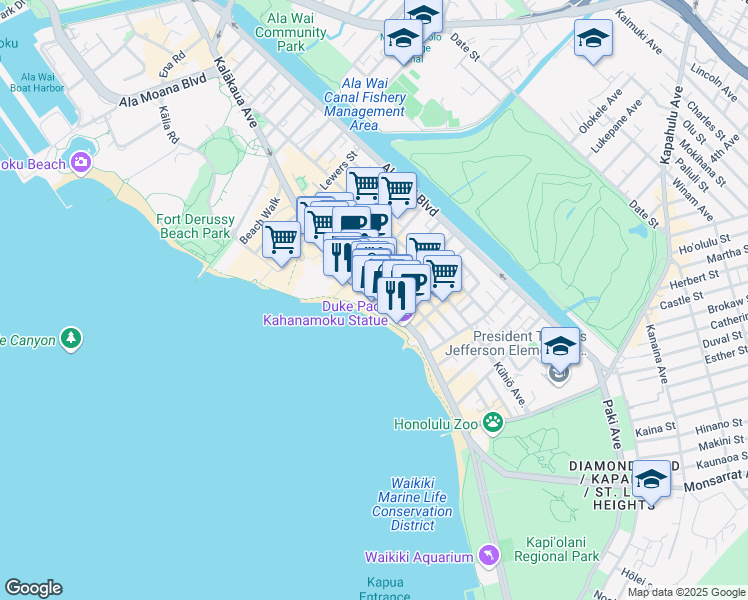 map of restaurants, bars, coffee shops, grocery stores, and more near 2365 Kalakaua Avenue in Honolulu