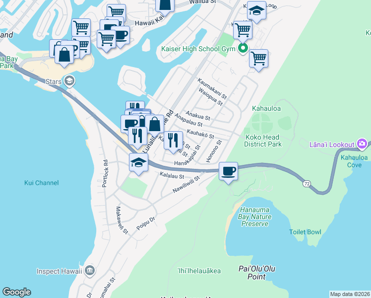 map of restaurants, bars, coffee shops, grocery stores, and more near 273 Kaumakani Street in Honolulu